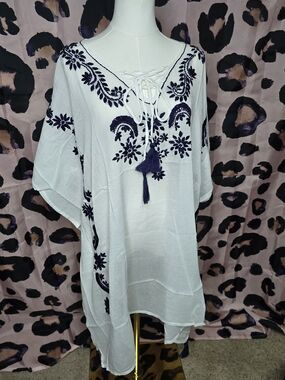 ✨ NWT White Waves Embroidered Boho Tunic Swim Cover Up OSFM ✨